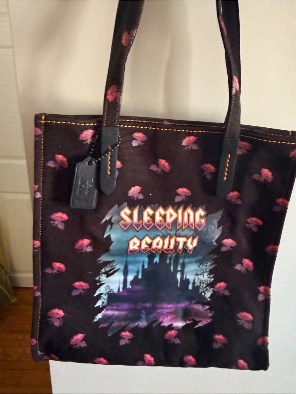 Coach Black Floral 'Sleeping Beauty' Graphic Tote with Pink Accents
